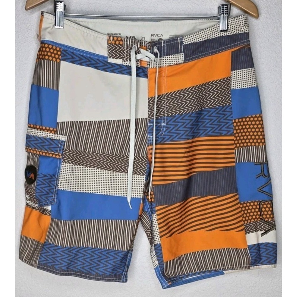 New RVCA Mechanical Stretch Board Shorts Men 31 Orange Patchwork Swim Beach Pool